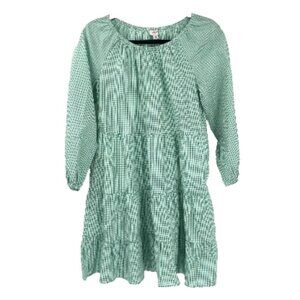 J.CREW Gingham Cotton Blend Poplin Raglan Tiered Mini Dress Green White PreppyXS
